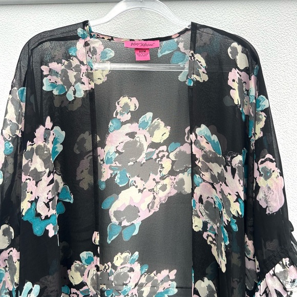 Betsey Johnson Kimono Floral Open Sheer Cover Up Wrap Resort Wear Boho OSFM Top - Picture 4 of 9